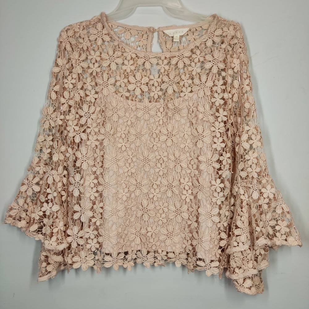 Adiva Blouse Womens Medium Pink Floral Crochet Lace Bell Sleeve Keyhole Top - Picture 1 of 8